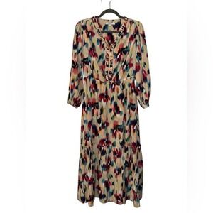 Chico's Braid Detail Ikat Multicolor Pullover 3/4 Sleeve Midi Dress US Size 6